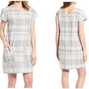 Eileen Fisher Gray and White Plaid Linen Cotton Short Sleeve Neutral Shift Dress